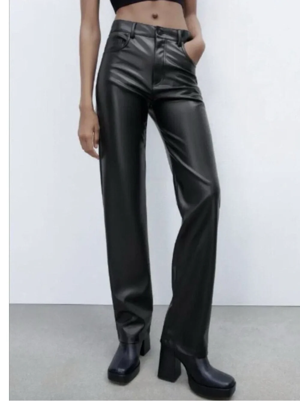 Zara black faux leather pants mid-rise Size 2
